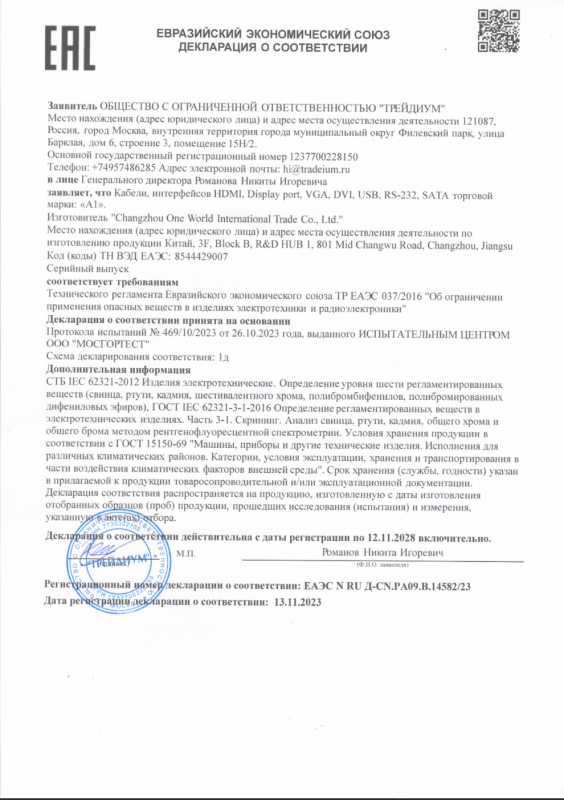 Декларация о соответствии HDMI, Display Port, USB